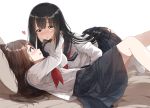  2girls bangs black_hair blush brown_hair eyebrows_visible_through_hair hair_in_mouth hands_on_another&#039;s_face heart highres long_hair looking_at_another lying multiple_girls open_mouth orange_eyes original pentagon_(railgun_ky1206) red_eyes red_ribbon ribbon school_uniform simple_background skirt very_long_hair white_background yuri 