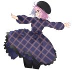  1girl absurdres bangs beret checkered checkered_dress commentary dress eyebrows_visible_through_hair fate/grand_order fate_(series) glasses hat highres kou_mashiro long_sleeves looking_at_viewer looking_back open_mouth outstretched_arms pantyhose pink_hair shielder_(fate/grand_order) short_hair simple_background smile solo spread_arms violet_eyes white_background 