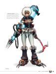  1girl absurdres blue_eyes blue_lips breasts concept_art full_body fur_trim gloves goggles goggles_on_head gun highres hood ice_axe justin_thavirat leaf looking_at_viewer maple_leaf mei_(overwatch) overwatch prototype solo standing weapon white_background 