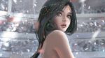  1girl bare_shoulders black_hair blurry blurry_background commentary_request crowd depth_of_field earrings freckles from_side green_eyes highres jewelry lipstick long_hair looking_afar looking_away looking_to_the_side makeup parted_lips red_lipstick solo_focus wlop 