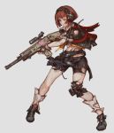  1girl assault_rifle bike_shorts blue_eyes boots fingerless_gloves full_body gloves gun headphones leg_warmers military_operator one_eye_closed original rifle saimon_ma short_hair shorts_under_skirt single_knee_pad skirt solo torn_clothes torn_skirt walkie-talkie weapon 