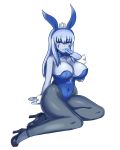  1girl animal_ears arm_up bangs bare_shoulders black_legwear black_shoes blue_eyes blue_hair blue_leotard blue_pupils blue_skin blush breasts bunnysuit card closed_mouth covered_navel crown diamond_(shape) eyebrows_visible_through_hair facial_mark fake_animal_ears full_body high_heels highres holding holding_card ice_queen_(monster_girl_encyclopedia) large_breasts leotard long_hair looking_at_viewer mini_crown monster_girl_encyclopedia nav pantyhose rabbit_ears shoes simple_background sitting smile solo white_background wrist_cuffs 