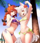  2girls animal_ears armpits beach bikini bow braid breasts cat_ears cat_tail day extra_ears flower hair_bow hair_flower hair_ornament hand_on_own_chest hat highres inubashiri_momiji kaenbyou_rin medium_breasts multiple_girls multiple_tails nail_polish nature navel nekomata ocean one_eye_closed open_mouth outdoors palm_tree palms pointy_ears red_eyes redhead shiro_ami short_hair silver_hair small_breasts summer swimsuit tail tokin_hat touhou tree twin_braids wolf_ears wolf_tail 