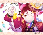  1girl ;) animal_ears cat_ears character_name commentary_request dated earrings happy_birthday hat jewelry love_live! love_live!_sunshine!! one_eye_closed potion redhead sakurauchi_riko smile solo sumeragi_hamao upper_body yellow_eyes 