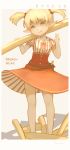  1girl :q aqua_eyes bag bangs bare_legs blonde_hair dress english food food_themed_clothes french_fries hair_ornament highres holding orange_dress original oversized_object personification pointy_ears puffy_sleeves red_pupils ribbon salt short_sleeves short_twintails simple_background skirt solo striped striped_dress text tongue tongue_out twintails v 