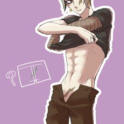  1boy ? abs alternate_hairstyle bandages black_hair dangan_ronpa dangan_ronpa_3 earrings grey_hair lowres no_underwear purple_background red_eyes ring scar shirt_lift short_hair simple_background solo super_dangan_ronpa_2 t-shirt tanaka_gandamu two-tone_hair undressing unzipped 