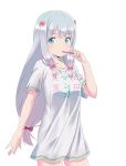  1girl blue_eyes bow collarbone cowboy_shot eromanga_sensei eyebrows_visible_through_hair grey_shirt hair_bow izumi_sagiri long_hair long_shirt looking_at_viewer low-tied_long_hair pink_bow shirt short_sleeves silver_hair simple_background solo standing very_long_hair wakegi9315 white_background 