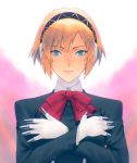 1girl aegis_(persona) aqua_eyes black_jacket blonde_hair closed_mouth collared_shirt crossed_arms eyebrows_visible_through_hair fateline_alpha gloves hair_between_eyes hairband highres jacket long_sleeves looking_at_viewer neck_ribbon persona persona_3 pink_background red_neckwear red_ribbon ribbon shirt smile solo upper_body white_gloves white_shirt 