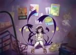  1girl against_wall black_hair blurry depth_of_field highres looking_at_viewer mimikyu mizuki_(pokemon_sm) pikachu pokemon pokemon_(game) pokemon_sm poster_(object) shadow short_hair sitting smile stuffed_toy usa_leaf 