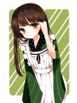  1girl ama_usa_an_uniform apron asagiri_koori bangs blunt_bangs brown_hair closed_mouth commentary_request cowboy_shot diagonal-striped_background eyebrows_visible_through_hair flat_chest flower gochuumon_wa_usagi_desu_ka? green_eyes green_kimono hair_flower hair_ornament hair_tousle japanese_clothes kimono long_hair long_sleeves looking_at_viewer maid_apron polka_dot_trim ribbon smile solo standing striped striped_kimono two-tone_background ujimatsu_chiya white_apron white_border white_flower white_ribbon wide_sleeves 