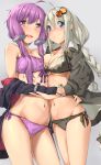  2girls :d ahoge arm_around_waist asymmetrical_docking bangle bangs black_bow black_jacket blue_eyes blush bow bra bracelet braid breast_press breasts cleavage closed_mouth cowboy_shot eyebrows_visible_through_hair fur_trim grey_background groin hair_ornament hairpin highres hug jacket jewelry kanzen_bouon kizuna_akari long_hair long_sleeves looking_at_viewer medium_breasts multiple_girls navel off_shoulder open_clothes open_jacket open_mouth panties purple_bow purple_bra purple_hair purple_panties side-tie_panties silver_hair simple_background small_breasts smile standing stomach strapless strapless_bra tareme thighs twin_braids under_boob underwear very_long_hair violet_eyes vocaloid voiceroid yuzuki_yukari 