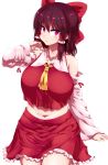  1girl :o ascot bare_shoulders belly black_hair blush bow breasts commentary curvy detached_sleeves hair_bow hakurei_reimu highres huge_breasts looking_at_viewer navel plump red_eyes solo tokyo_(great_akuta) touhou tsurime yellow_ascot 