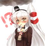  !? 1girl amatsukaze_(kantai_collection) bangs black_neckwear blush breasts brown_dress choker collarbone commentary_request dress eyebrows_visible_through_hair food food_in_mouth hair_between_eyes hair_tubes hat head_tilt kantai_collection lifebuoy long_hair looking_at_viewer mini_hat mouth_hold murasame_shia pocky pocky_day sailor_dress silver_hair simple_background small_breasts smoke smokestack solo two_side_up very_long_hair white_background windsock yellow_eyes 