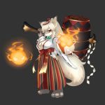  1girl aiming_at_viewer animal_ears barefoot bell breasts cleavage facial_mark fire foreshortening fox_ears fox_girl fox_tail from_side frown fullbokko_heroes furry grey_background hakama hip_vent hitodama japanese_clothes jewelry long_hair long_ponytail looking_at_viewer looking_to_the_side mallet medium_breasts miko necklace obi open_hand over_shoulder oversized_object red_eyes ribbon-trimmed_sleeves ribbon_trim rope sash shimenawa silver_hair simple_background solo suke_(158628) tail torii_hair_ornament very_long_hair wide_sleeves 