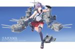  1girl baseu cannon character_name gloves kantai_collection machinery navel pleated_skirt purple_hair sakawa_(kantai_collection) school_uniform serafuku short_hair simple_background skirt smile smokestack solo torpedo_tubes turret violet_eyes white_gloves 