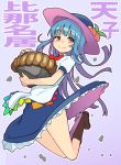  1girl bangs bare_legs blue_background blue_eyes blue_hat blue_skirt blunt_bangs blush boots brown_boots closed_mouth eyebrows_visible_through_hair food frilled_skirt frills fruit full_body hat highres hinanawi_tenshi holding jumping long_hair looking_at_viewer neck_ribbon peach pink_eyes pink_hat puffy_short_sleeves puffy_sleeves red_ribbon ribbon shirt short_sleeves skirt smile solo taketora_suzume touhou translation_request white_shirt 