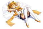  1girl arms_behind_head black_ribbon blonde_hair chikugen_shiina hair_ribbon hikaru_(houkago_no_pleiades) houkago_no_pleiades looking_at_viewer lying on_back ribbon shoes simple_background skirt smile solo thigh-highs twintails white_background white_legwear yellow_shoes 
