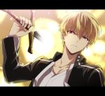  1boy 92_(artist) angry anime_coloring bangs black_jacket blonde_hair fate/stay_night fate_(series) furrowed_eyebrows gate_of_babylon gilgamesh hair_between_eyes hand_up jacket letterboxed long_sleeves looking_at_viewer male_focus open_clothes open_jacket parted_lips red_eyes shirt slit_pupils solo v-shaped_eyebrows white_shirt 