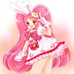  1girl :d animal_ears cake_hair_ornament choker cure_whip food food_themed_hair_ornament fruit hair_ornament highres index_finger_raised kirakira_precure_a_la_mode long_hair looking_at_viewer magical_girl open_mouth pink_choker pink_eyes pink_hair precure rabbit_ears shararan smile solo strawberry twintails usami_ichika 
