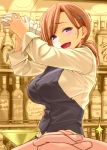  1girl :d bar bartender blush bottle breasts buttons ceiling_light character_request colorized commentary_request cup drinking_glass eye_contact eyebrows_visible_through_hair getsuyoubi_no_tawawa hair_ornament hairclip himura_kiseki indoors large_breasts light long_hair long_sleeves looking_at_another looking_at_viewer low_ponytail motion_lines open_mouth original pov raised_eyebrows sexually_suggestive shaking shelf shirt sleeve_cuffs smile solo_focus sparkle sweatdrop tareme vest 
