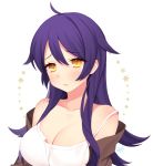  1girl ahoge bare_shoulders blush breasts brown_jacket byulzzimon cleavage closed_mouth collarbone embarrassed eyebrows_visible_through_hair hair_between_eyes jacket large_breasts long_hair looking_at_viewer off_shoulder purple_hair shirt solo white_background white_shirt yellow_eyes 
