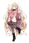 1girl bag blonde_hair blue_eyes blush_stickers boots casual dress ears full_body hands_up jewelry leg_up long_hair looking_at_viewer musical_note_hair_ornament necklace official_art ribbon solo sonata standing sweater sweater_dress transparent_background venus_eleven_vivid venus_eleven_vivid! very_long_hair wand waving 