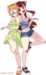  2girls arm_around_waist bandaid blonde_hair brown_hair denim denim_shorts dress floral_print glasses green_dress hairband kagari_atsuko leg_up little_witch_academia lotte_jansson midriff multiple_girls navel open_mouth rtil sandals semi-rimless_glasses shirt shoes short_shorts shorts simple_background smile sneakers striped striped_shirt tank_top white_background 