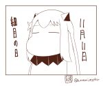  =_= closed_eyes commentary_request greyscale horns kantai_collection monochrome moomin muppo northern_ocean_hime sazanami_konami signature tail translation_request twitter_username 