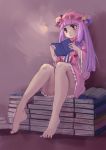  1girl bangs bare_legs barefoot blue_ribbon blunt_bangs book book_stack feet full_body hair_ribbon hat highres legs long_hair looofa mob_cap open_book parted_lips patchouli_knowledge purple_eyes reading ribbon sitting solo toenail_polish touhou tress_ribbon 