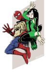  1boy 1girl against_wall aiue0 asui_tsuyu bag black_eyes black_hair blush bodysuit boku_no_hero_academia breasts commentary_request covered_navel female frog_girl full_body gloves highres long_hair looking_at_viewer male marvel simple_background spider-man spider-man_(series) tongue tongue_out twitter_username waving white_background 