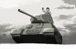  1boy clouds day ground_vehicle military military_vehicle motor_vehicle original saigawa sky snow t-34 tank 