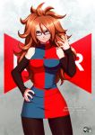  1girl android_21 arm_warmers black-framed_eyewear blue_eyes dragon_ball_fighterz dress glasses grin hand_on_hip jadenkaiba jewelry looking_at_viewer multicolored multicolored_clothes multicolored_dress nail_polish pantyhose red_ribbon_army redhead ring smile solo 