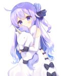 1girl ahoge azur_lane detached_sleeves doll_hug dress hair_bun highres long_hair looking_at_viewer object_namesake one_side_up parted_lips pochio_xxx purple_hair simple_background solo stuffed_pegasus stuffed_unicorn unicorn_(azur_lane) violet_eyes white_background white_dress 