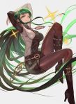  1girl absurdly_long_hair arms_up bangs black_legwear black_shorts blunt_bangs boots cleopatra_(fate/grand_order) closed_mouth eye_of_horus fate/grand_order fate_(series) gears green_hair grey_background high_heel_boots high_heels highres knee_boots lack long_hair looking_at_viewer pantyhose short_shorts shorts sidelocks simple_background smile solo very_long_hair 
