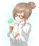  alternate_costume artist_request black-framed_eyewear closed_eyes food glasses hair_ornament hair_stick highres ice_cream makeup mei_(overwatch) overwatch smile 