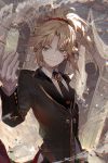  1girl bangs black_necktie blonde_hair blood coattails cuts fate/apocrypha fate_(series) formal gloves grin hand_up injury kawacy long_hair looking_at_viewer necktie outdoors parted_bangs parted_lips ponytail saber_of_red sidelocks smile smoke solo suit tomboy tsurime tuxedo upper_body white_gloves 