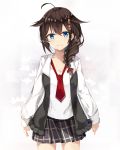  1girl ahoge braid breasts brown_hair cleavage cowboy_shot hair_flaps hair_over_shoulder highres kantai_collection long_hair remodel_(kantai_collection) school_uniform shigure_(kantai_collection) single_braid solo unajuu_(set_mk) 