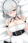  1girl alternate_costume apron black_neckwear blue_eyes blush breasts choker cleavage cole collarbone enmaided eyes_visible_through_hair frilled_choker frills hair_ornament hair_over_one_eye hairclip hamakaze_(kantai_collection) kantai_collection large_breasts looking_at_viewer maid maid_apron maid_headdress short_hair silver_hair sleeveless solo upper_body 