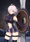  1girl ahoge armor black_legwear black_leotard breasts breasts_apart cowboy_shot cutout elbow_gloves eyebrows_visible_through_hair fate/grand_order fate_(series) gloves hair_between_eyes hair_over_one_eye highres leotard medium_breasts midriff milky_way navel night outdoors parted_lips pink_hair shielder_(fate/grand_order) short_hair sky solo standing star_(sky) starry_sky stomach thigh-highs thigh_strap violet_eyes zhuoji_zhizun 