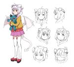  1girl :o :t ahoge bangs blush braid child closed_mouth crying demon_girl demon_horns demon_tail demon_wings embarrassed expressions eyebrows_visible_through_hair hair_over_shoulder holding holding_stuffed_animal horns jacket lavender_hair lilim_(monster_girl_encyclopedia) long_sleeves looking_at_viewer looking_down maritan_(pixelmaritan) monster_girl monster_girl_encyclopedia multiple_views original pink_skirt pleated_skirt pout profile red_eyes red_shirt runa shirt shoes simple_background skirt smile standing stuffed_animal stuffed_toy succubus tail thigh-highs twin_braids white_background white_legwear wings yellow_jacket 
