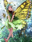  1girl antennae barefoot blue_hair brown_eyes butterfly butterfly_wings dress eternity_larva flying full_body green_dress hair_between_eyes hair_ornament highres ice_(aitsugai) leaf leaf_hair_ornament leaf_on_head parted_lips short_hair smile solo sparkle touhou v_arms wings 