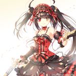  1girl antique_firearm asymmetrical_hair bare_shoulders black_hair breasts choker cleavage clock_eyes corset date_a_live detached_sleeves dual_wielding firearm firelock flintlock gothic_lolita gun handgun heterochromia lolita_fashion long_hair long_nails medium_breasts pistol red_eyes ribbon_choker smile solo symbol-shaped_pupils tokisaki_kurumi trianon twintails upper_body watermark weapon web_address yellow_eyes 