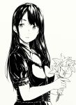  1girl bangs blouse corset flower greyscale highres hiwatari_rin holding holding_flower long_hair looking_at_viewer monochrome original parted_lips short_sleeves skirt solo upper_body 
