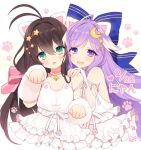  2girls :&lt; :3 ahoge armband bangs bare_shoulders belt_collar blush bow brown_hair byulzzimon choker crescent crescent_hair_ornament detached_sleeves dot_nose dress eyebrows_visible_through_hair frilled_dress frills green_eyes hair_between_eyes hair_bow hair_ornament lavender_hair long_hair looking_at_viewer multiple_girls open_mouth paw_pose paw_print pink_choker smile very_long_hair violet_eyes white_dress 