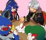  1girl 3boys animal bird blue_eyes blue_hair blush cape card falco_lombardi fire_emblem fire_emblem:_kakusei furry gloves hat hood long_hair lucina luigi male_my_unit_(fire_emblem:_kakusei) super_mario_bros. multiple_boys my_unit_(fire_emblem:_kakusei) open_mouth short_hair smile star_fox super_mario_bros. super_smash_bros. table tiara white_hair 