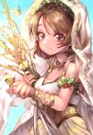 1girl absurdres bracelet breasts brown_hair butterfly butterfly_on_finger cleavage commentary_request corset denchu_(kazudentyu) head_wreath highres holly jewelry koizumi_hanayo laurel_crown love_live! love_live!_school_idol_festival love_live!_school_idol_project necklace smile solo toga veil violet_eyes wheat 