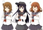  3girls akatsuki_(kantai_collection) brown_eyes brown_hair closed_eyes crossed_arms flat_cap folded_ponytail hair_ornament hairclip hat ikazuchi_(kantai_collection) inazuma_(kantai_collection) kantai_collection laughing long_hair long_sleeves miicha multiple_girls neckerchief open_mouth pouting purple_hair red_neckerchief remodel_(kantai_collection) school_uniform serafuku short_hair simple_background twitter_username violet_eyes white_background 