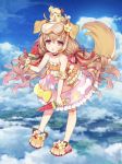  1girl animal animal_ears animal_on_head armband bangs bare_shoulders blue_sky blush byulzzimon clouds cloudy_sky commentary_request diving_mask_on_head dog dog_ears dog_girl dog_on_head dog_tail eyebrows_visible_through_hair flower flower_ornament food frilled_swimsuit frills full_body hair_between_eyes hair_flower hair_ornament holding holding_food innertube long_hair looking_at_viewer on_head orange_swimsuit parted_lips paws pink_eyes popsicle sandals shironeko_project sky solo standing swimsuit tail very_long_hair watermelon_bar 