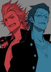  2boys akai_suzaku animal animal_on_shoulder cat cat_on_shoulder glasses hair_slicked_back highres idolmaster idolmaster_side-m kurono_genbu male_focus miwa_shirou multiple_boys nyako_(idolmaster) shinsoku_ikkon sideburns spiky_hair 