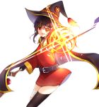  1girl :d asymmetrical_legwear bandage belt black_cape black_gloves black_hair black_hat black_legwear cape collarbone dress eyebrows_visible_through_hair eyepatch fingerless_gloves gloves hair_between_eyes hat highres himemiya_shuang holding holding_staff kono_subarashii_sekai_ni_shukufuku_wo! long_hair looking_at_viewer magic megumin open_mouth outstretched_arm red_dress red_eyes short_dress short_hair_with_long_locks simple_background smile solo staff standing thigh-highs white_background witch_hat 